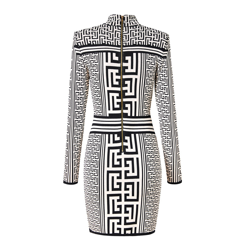 Pattern Geometric Stand-up Collar Long-sleeved Qu Knitted Dress Dresses