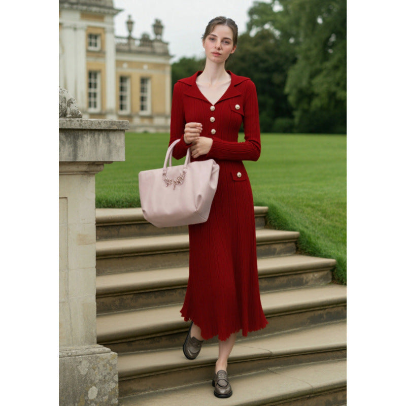 Collar Gold Buckle Vertical Stripes Long Fish Dresses