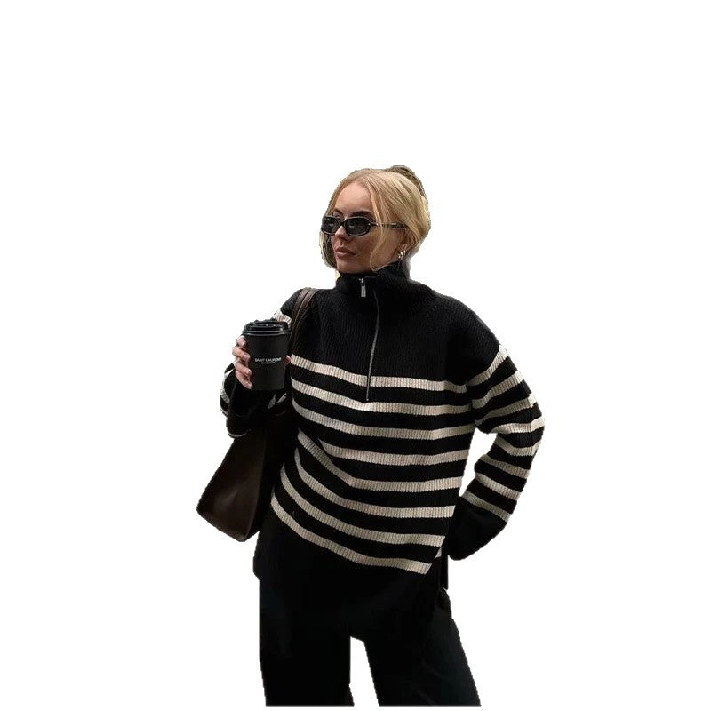 Casual Loose Retro Lapels Half Zipper Sweaters