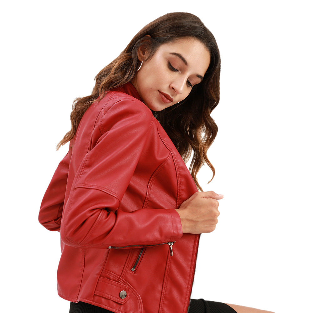 Women's European Leather Slim Thin Motorcycle Stand Jackets