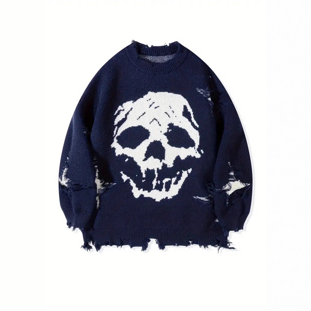 Women's & Men's & Hip Hop Dark Street Skull Jacquard Ripped Sweaters