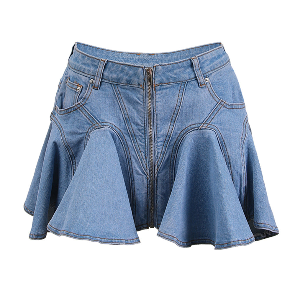 Ruffled Stitching Denim Summer Front Zipper Skirts