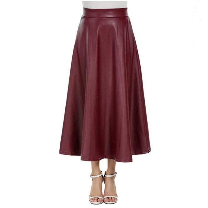 Women's High Waist Leather Mid-length Large Swing Skirts