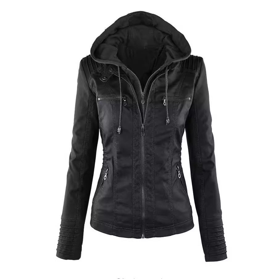 Women's Polo Collar Solid Color Zipper Leather Jackets