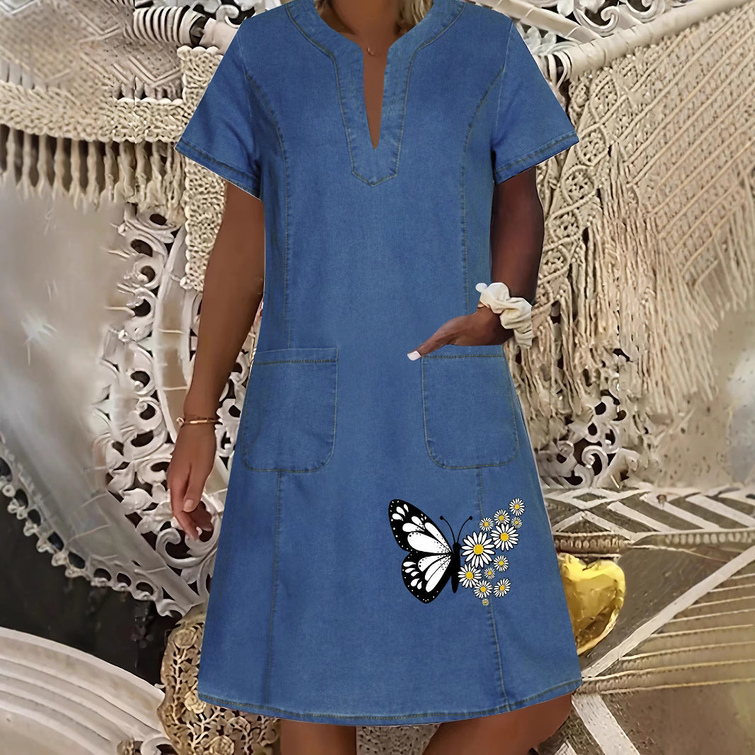Women's Denim Dress Dark Blue Thin Pocket Dresses
