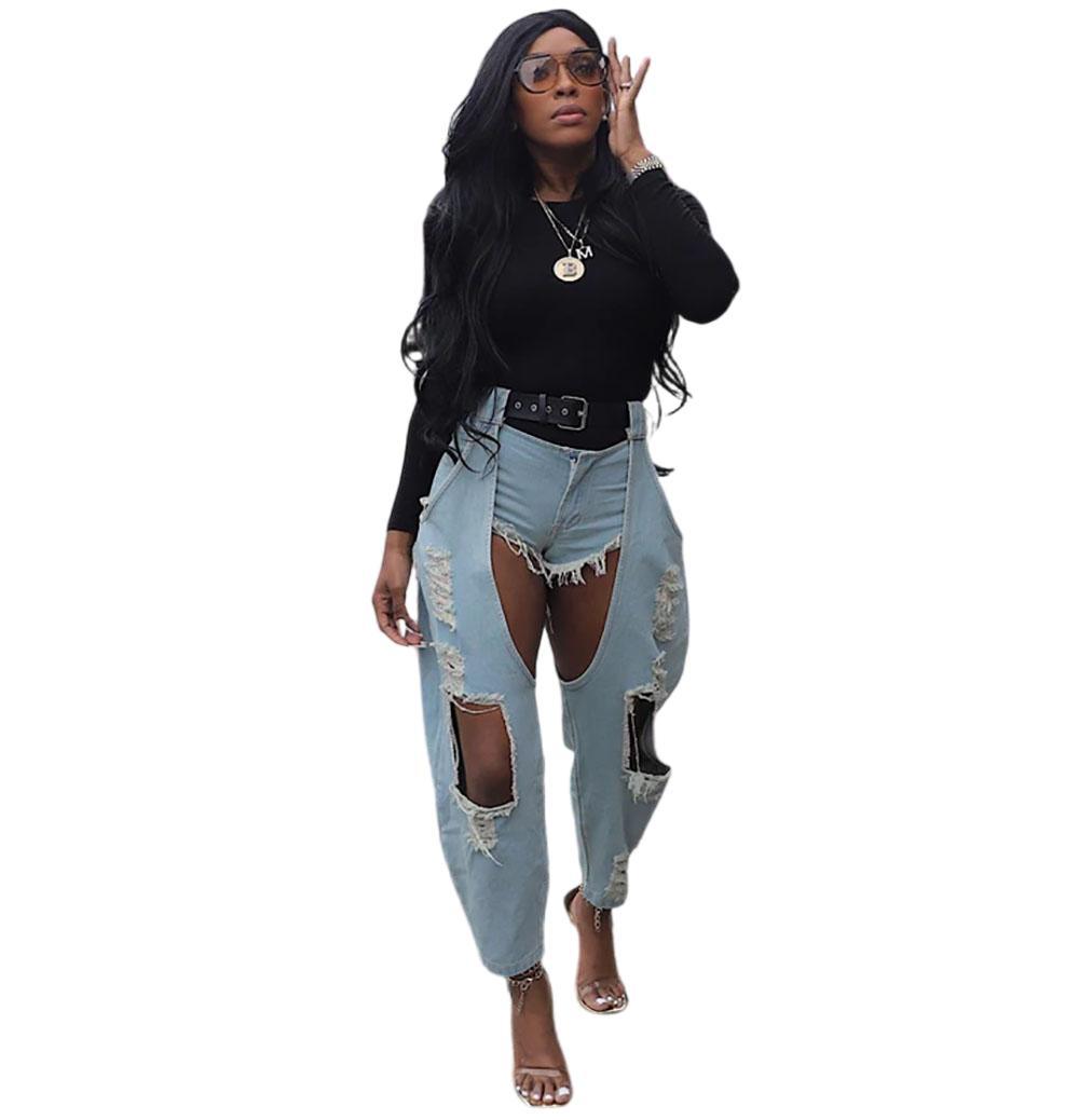 Women's Casual Street Fashion Ripped Belt Denim Jeans