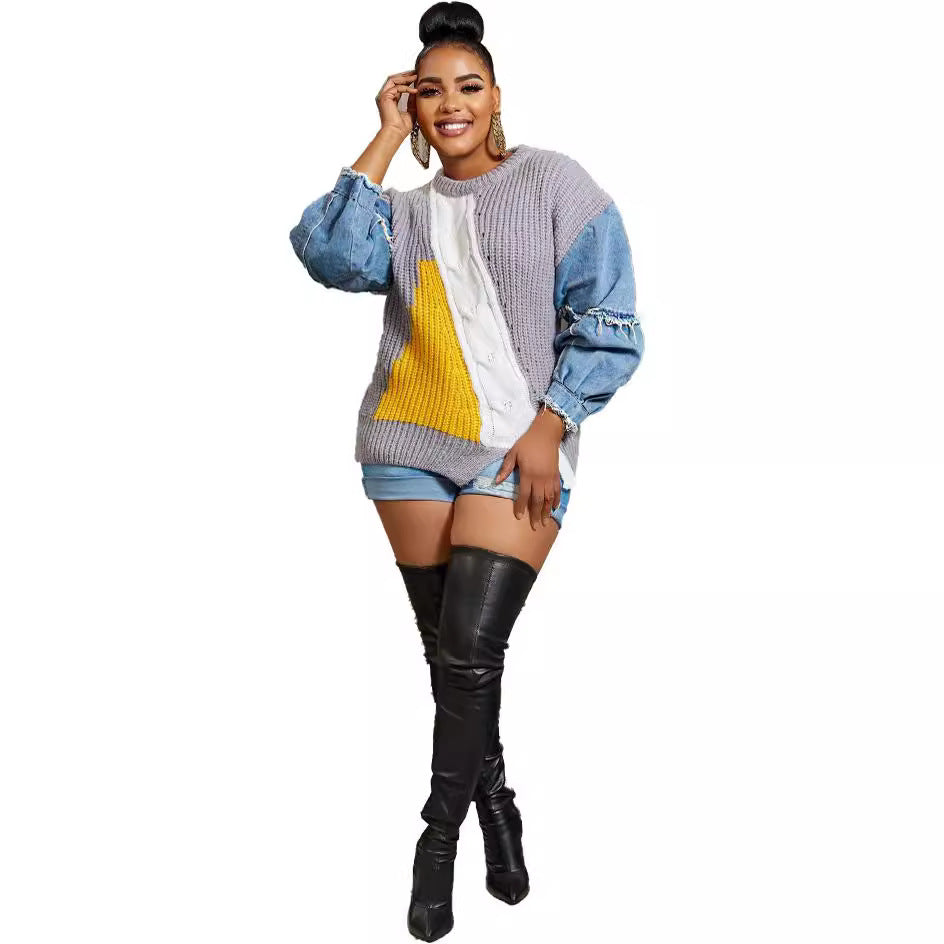 Women's Beautiful Stylish Denim Knitted Patchwork Blazers
