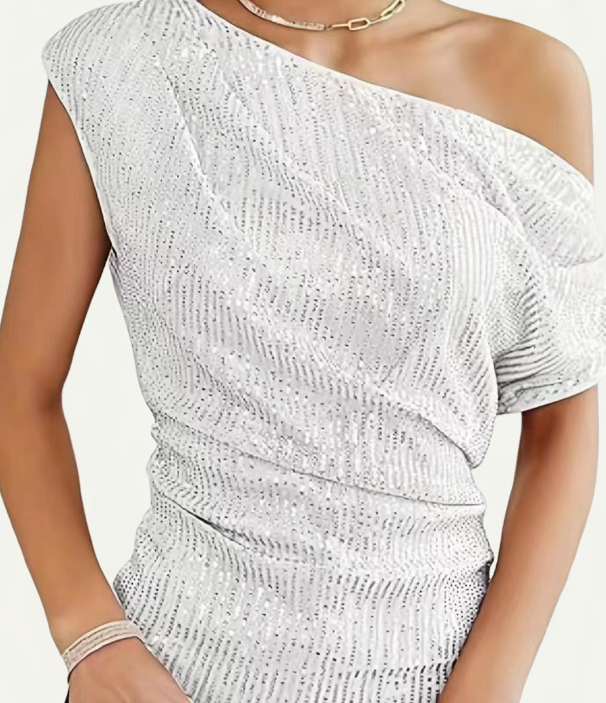 Women's Glitter Sequin Diagonal Collar Sleeve Summer Blouses