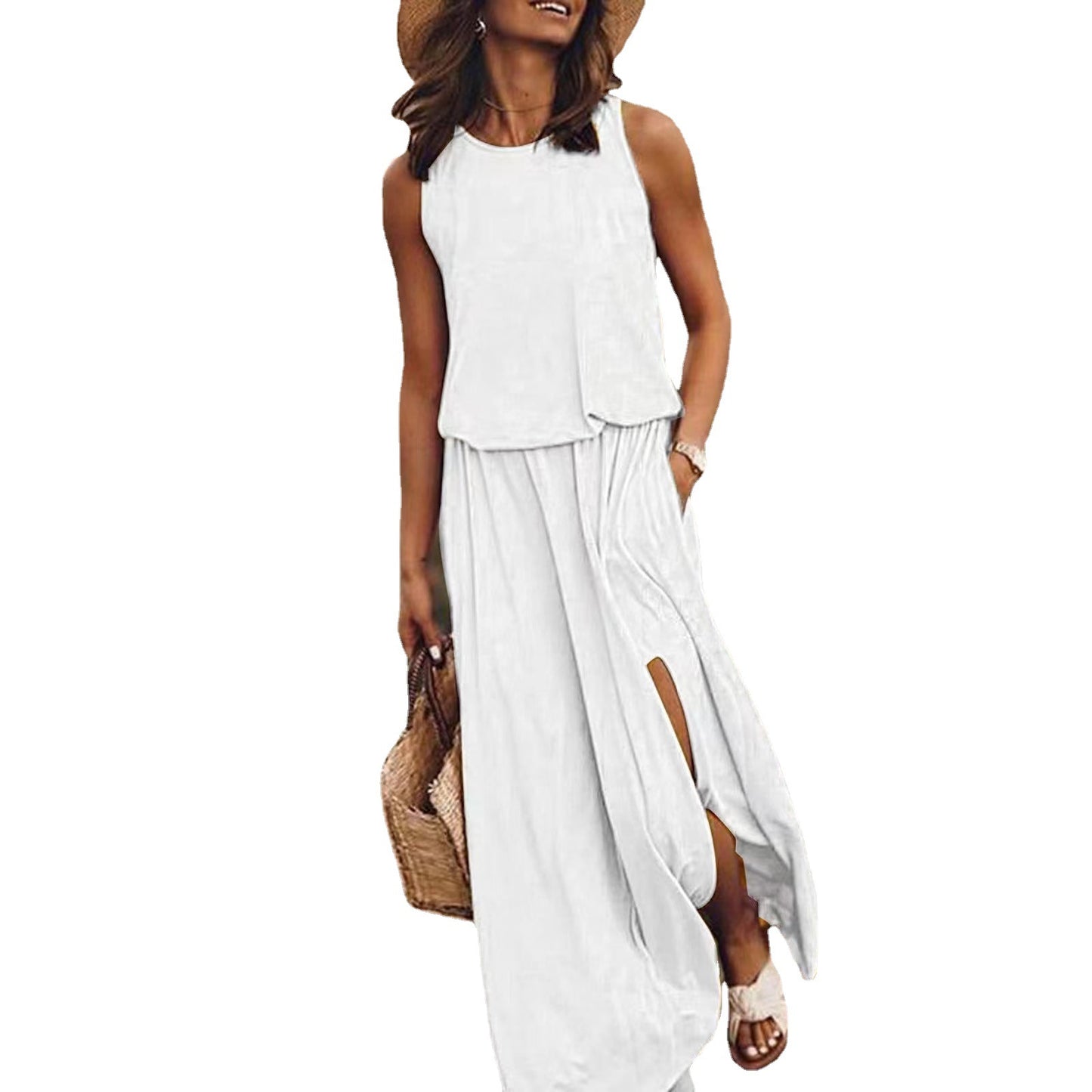 Style Solid Color Round Neck Sleeveless Dresses