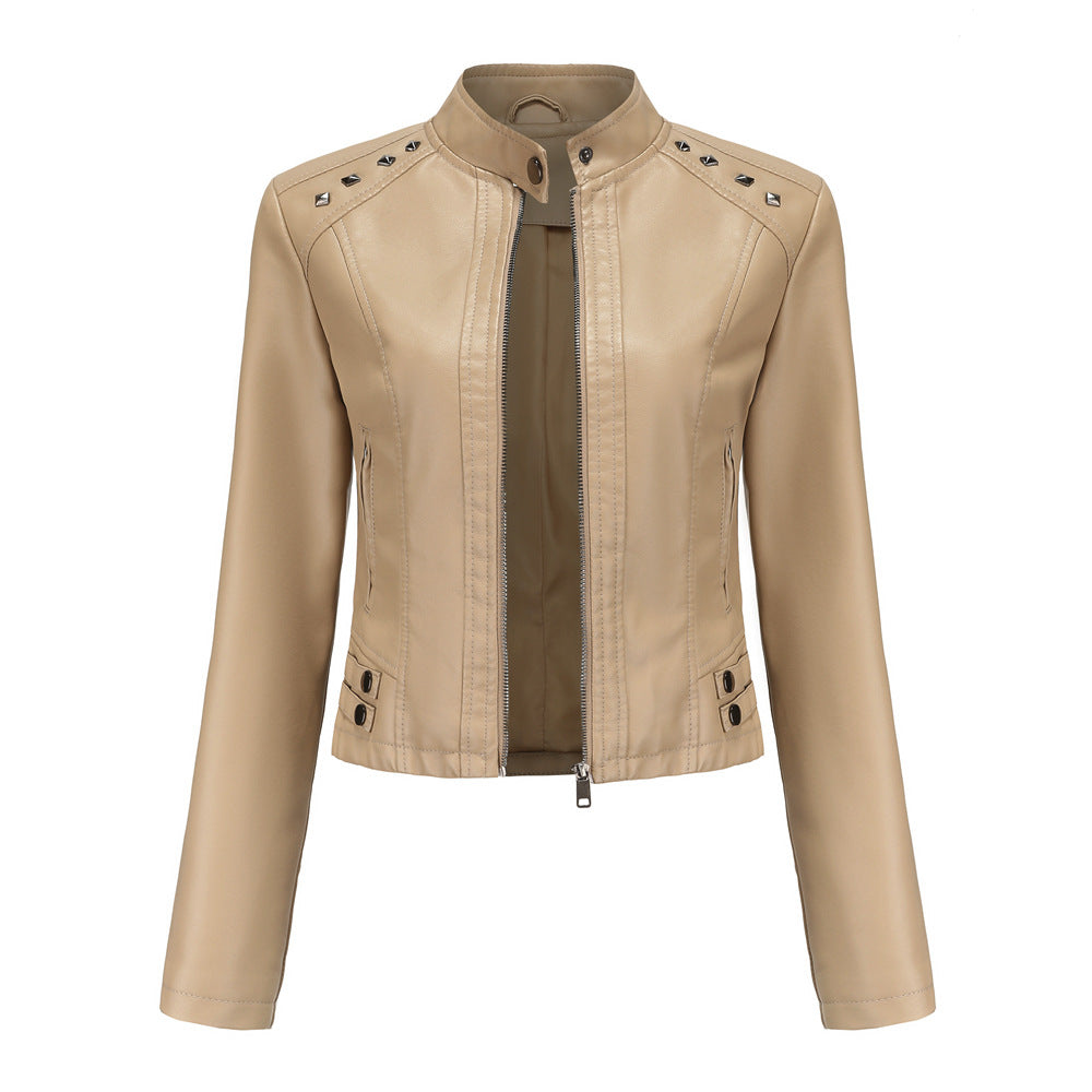 Women's Rivet Leather Long-sleeved Stand Collar Fashion Jackets