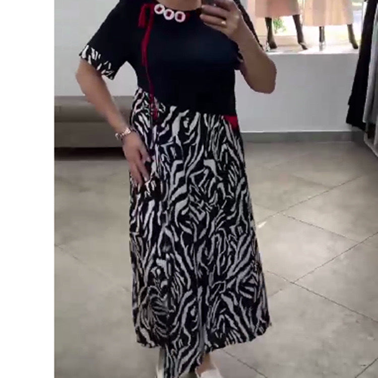 Patchwork Button Hem Printed Temperament Sleeve Dresses