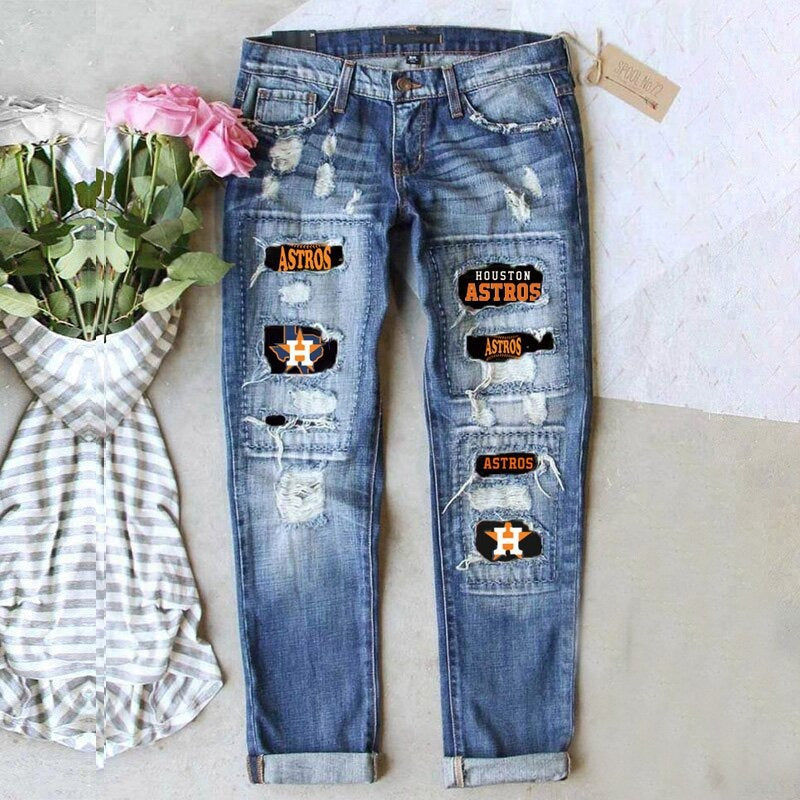 Women's Ripped Print Street Contrast Color Straight Jeans