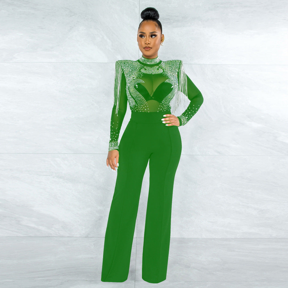 Women's Sexy Casual Turtleneck Hot Drilling Tassel Pants