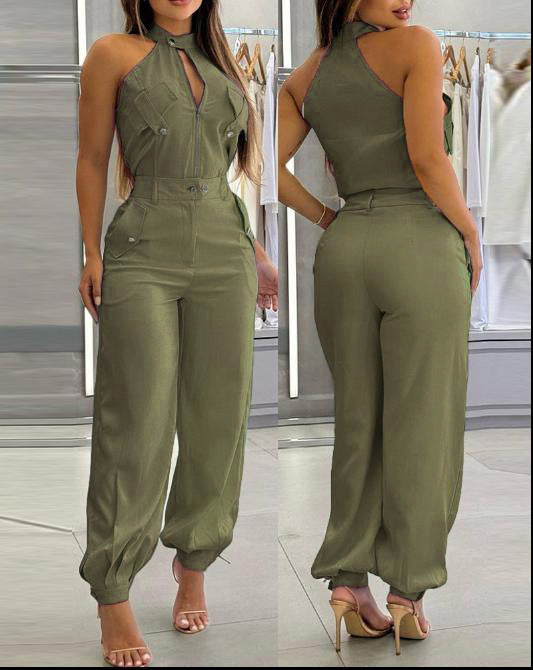 Women's Summer Sleeveless Slim Overalls Two-piece Set Suits
