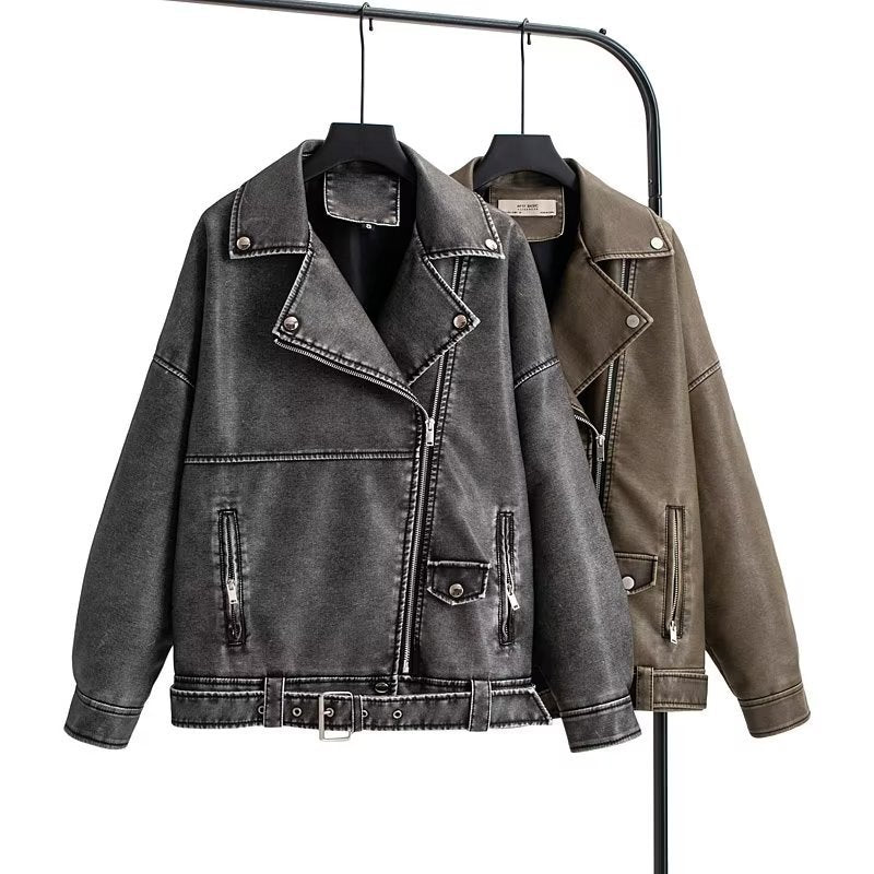 Women's Autumn Washed Leather Lapel Loose Large Jackets