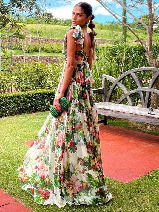Women's Rose Print Pleated Wrapped Chest Wide Hem Strap Dresses