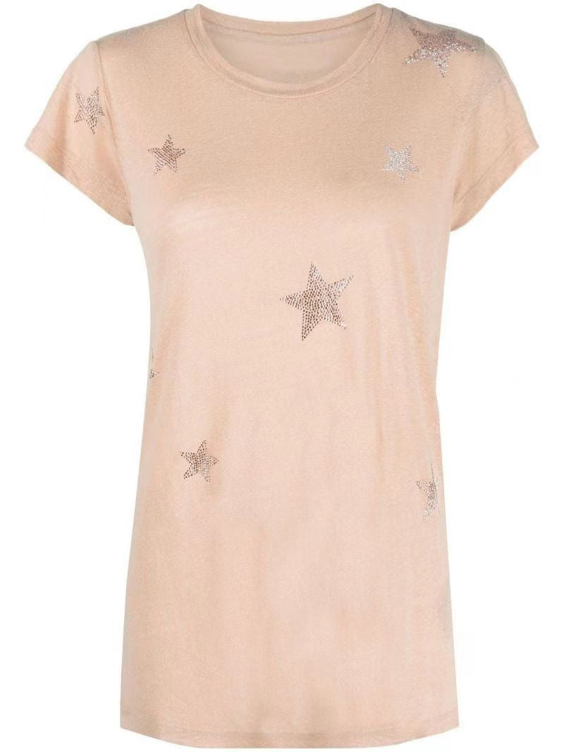 Women's Niche Pattern Rhinestone Linen Round Neck Short-sleeved Blouses