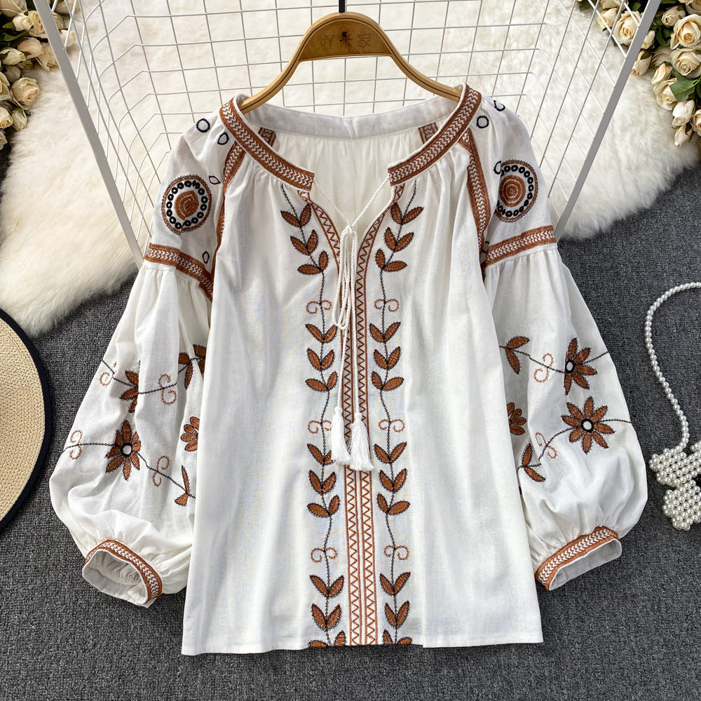 Women's Long Sleeve Round Neck Loose Embroidered Blouses
