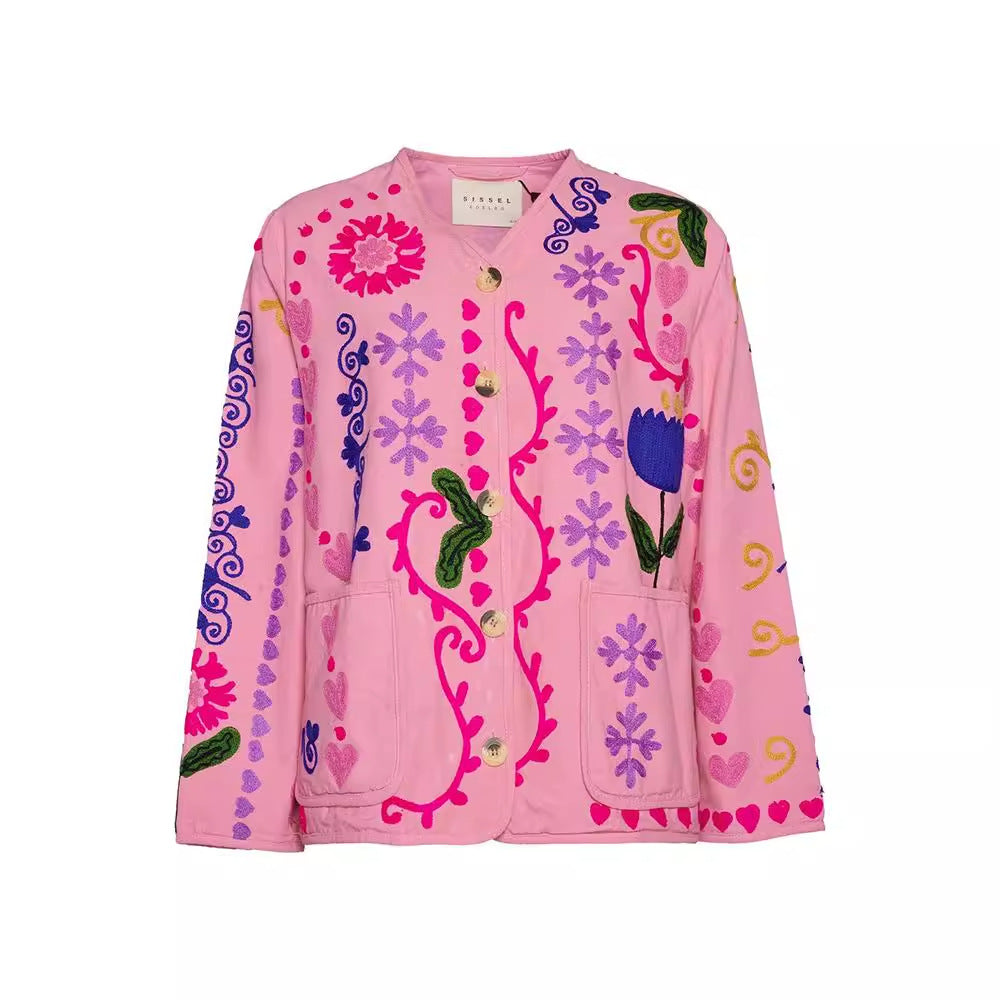Women's Pink Casual Style Flower Long-sleeved Single-breasted Jackets