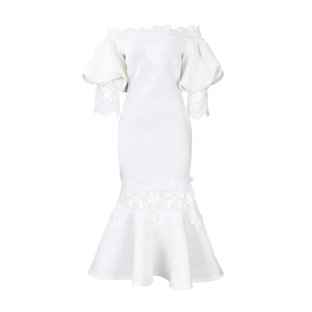 Women's Puff Sleeve Lace Stitching Banquet Fishtail Dresses