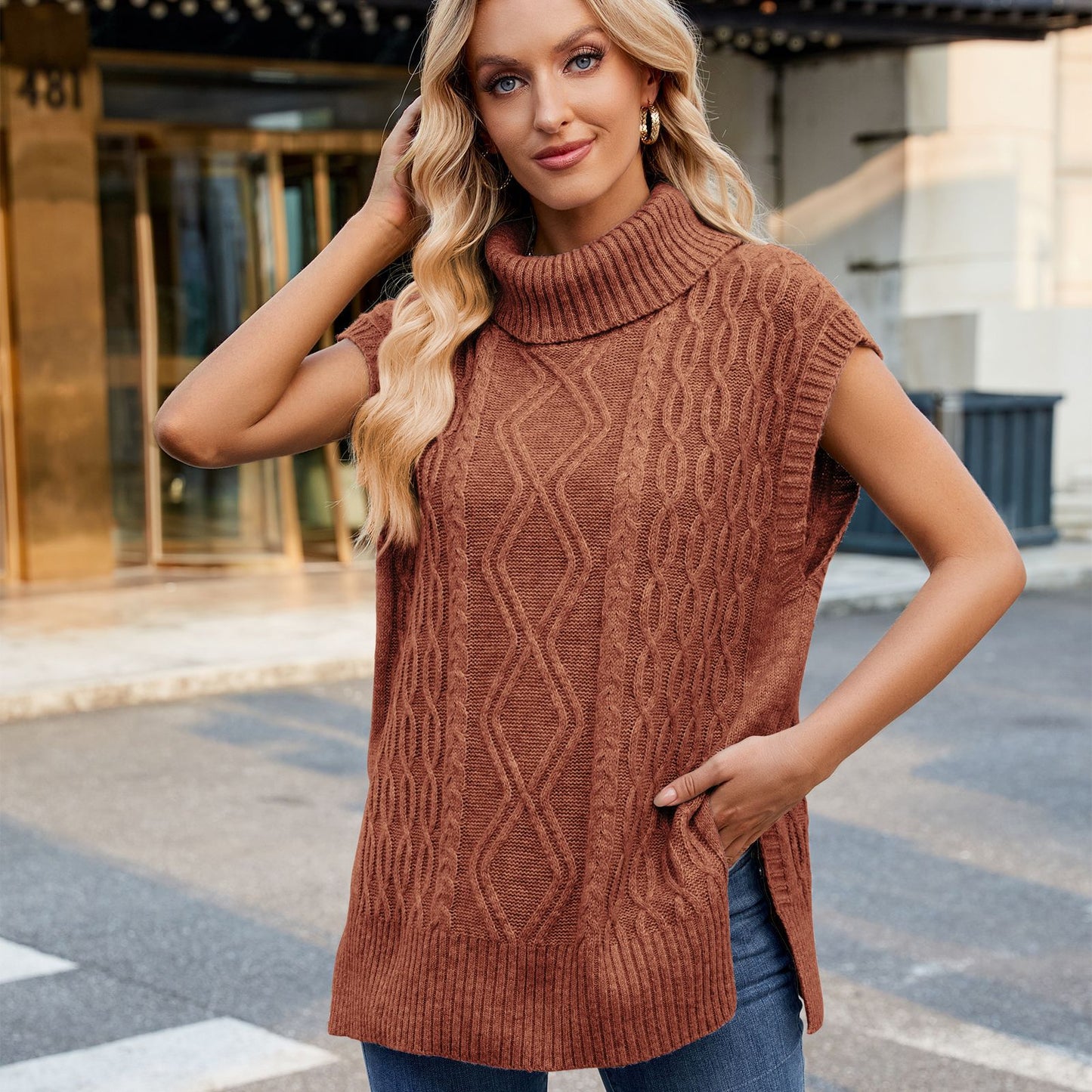 Unique Women's Casual Turtleneck Waistcoat Tide Sweater