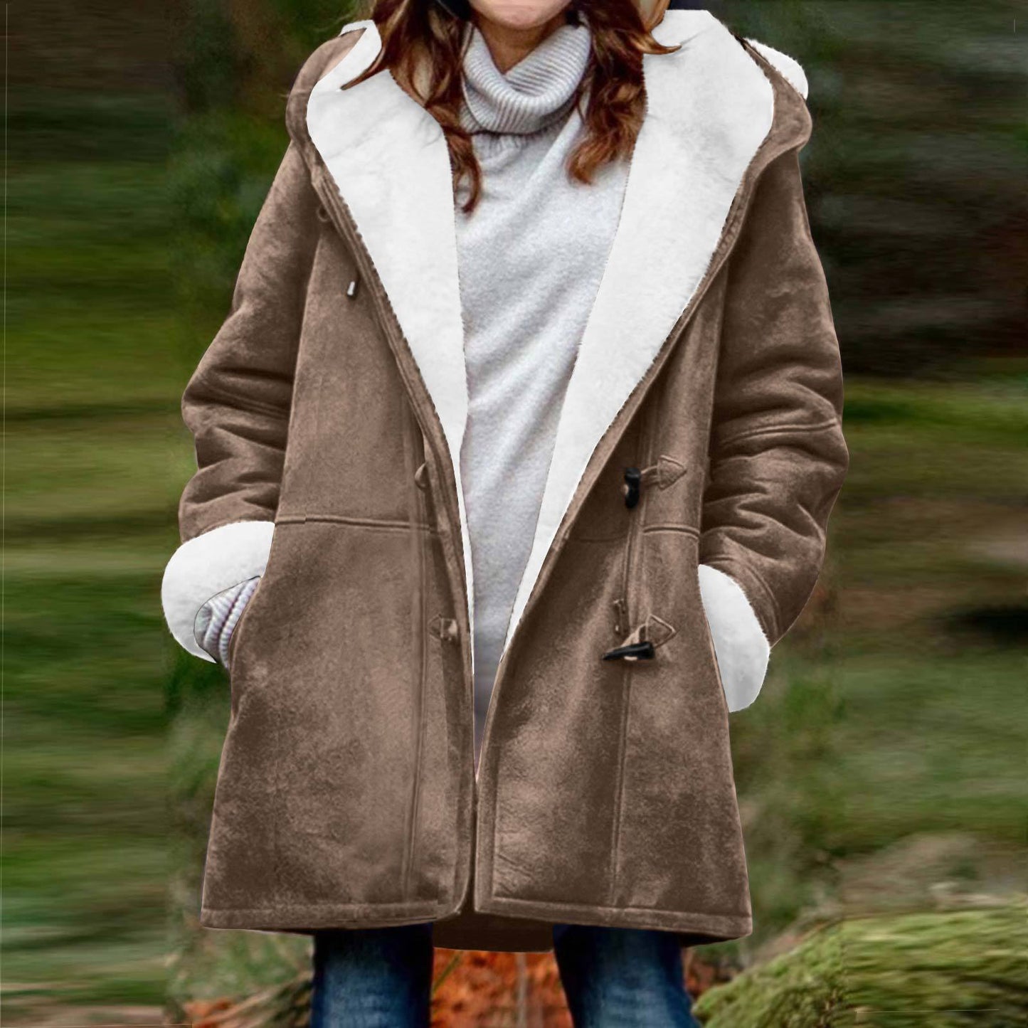Women's Long Sleeve Horn Button Suede Fleece-lined Coats