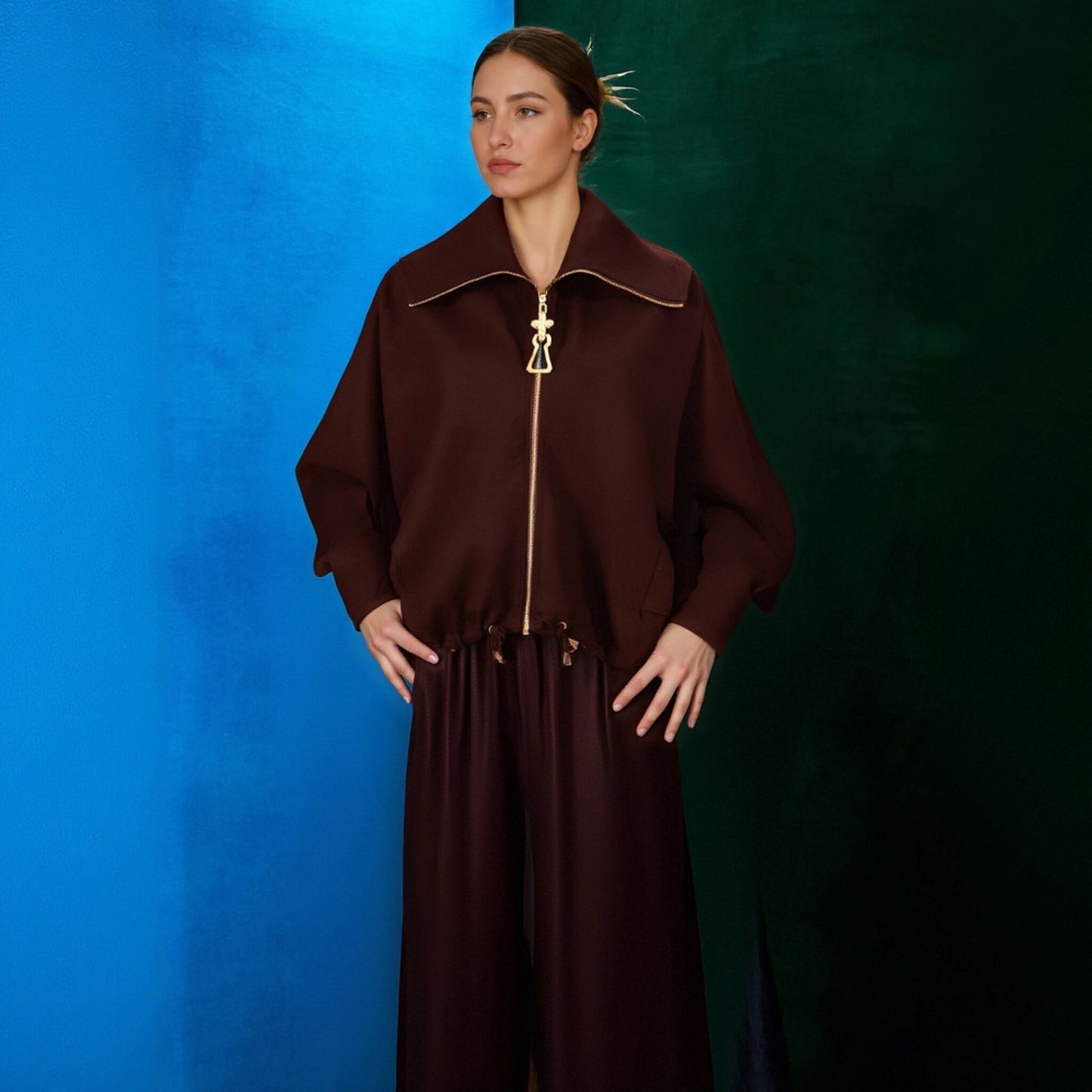 Women's Personalized Lapel Embroidery Stitching Loose Drawstring Coats