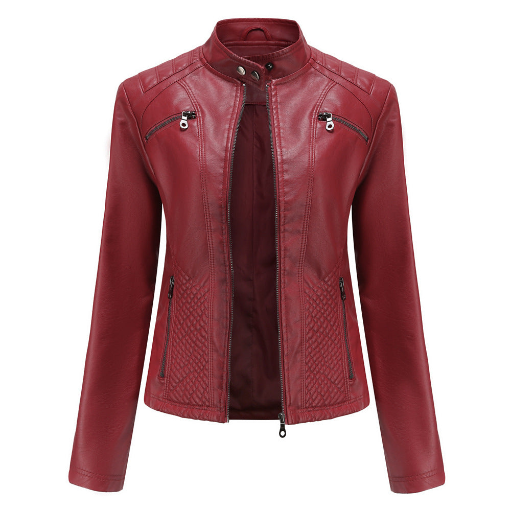 Women's Casual Leather Stand Collar Solid Color Jackets
