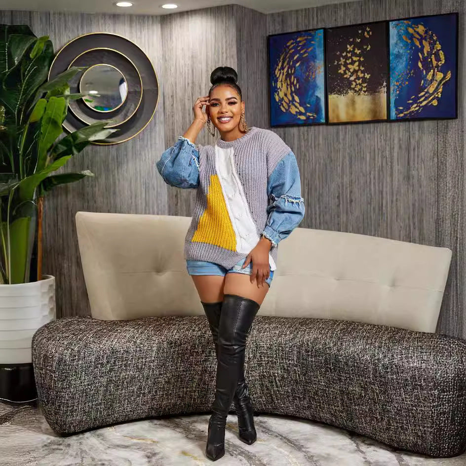 Women's Beautiful Stylish Denim Knitted Patchwork Blazers