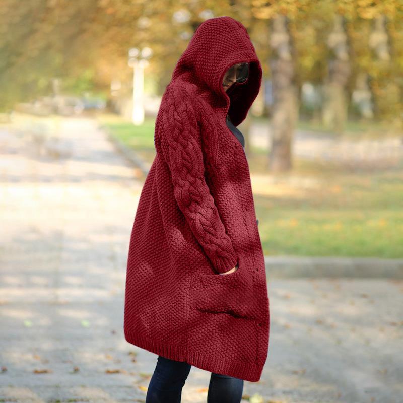 Women's Hooded Single-breasted Slim Street Hipster Long Knitwear