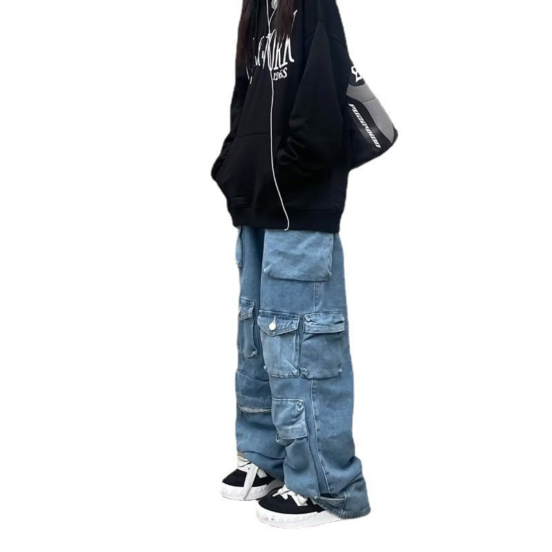 Women's Fashion Zipper Light Color Water Scrubbing Jeans