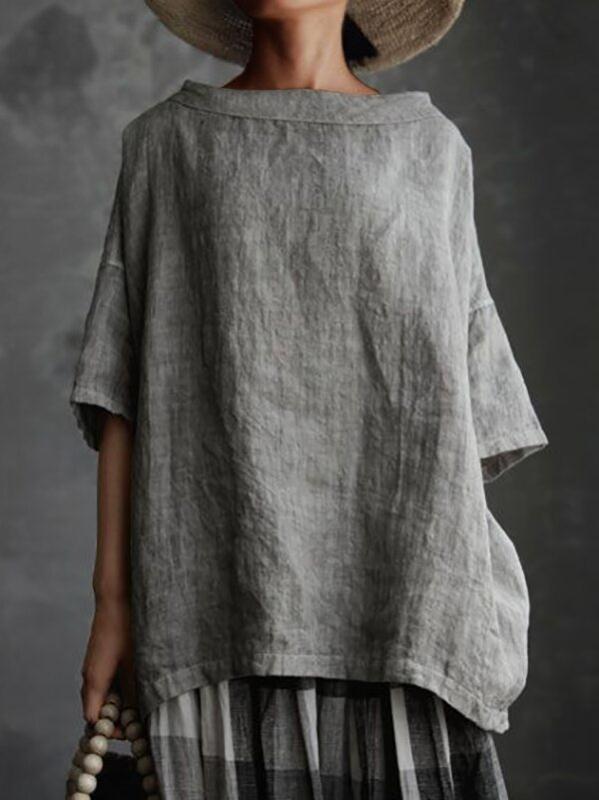 Women's Neck Cotton Linen Style Solid Color Blouses