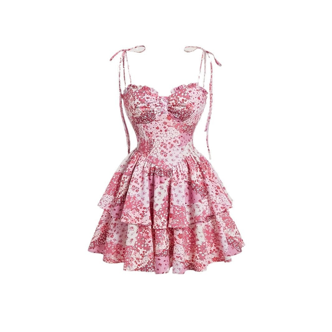 Women's Floral Suspender Layered Dress Vintage Pink Dresses