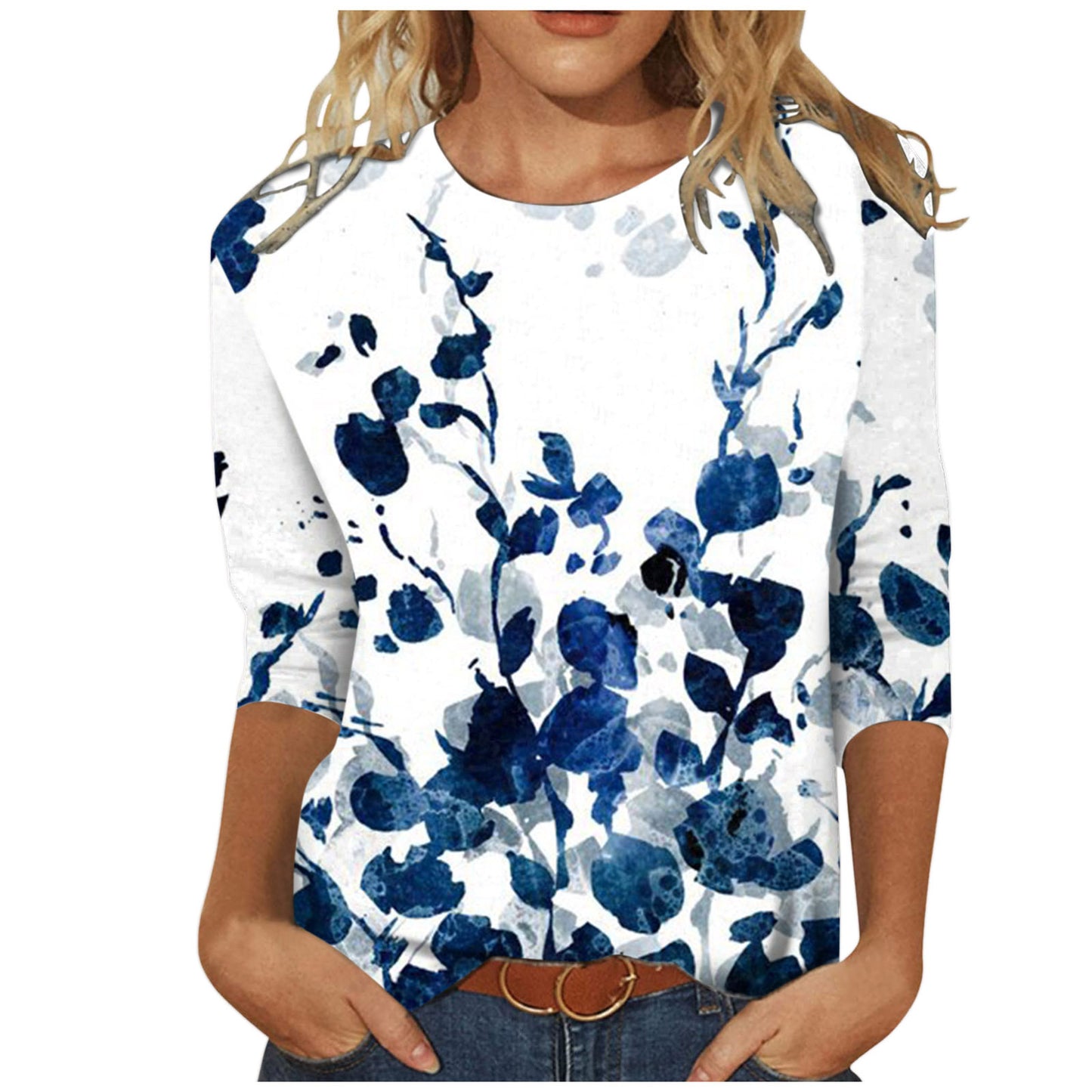 Women's Round Neck Long Sleeve Loose Print Blouses