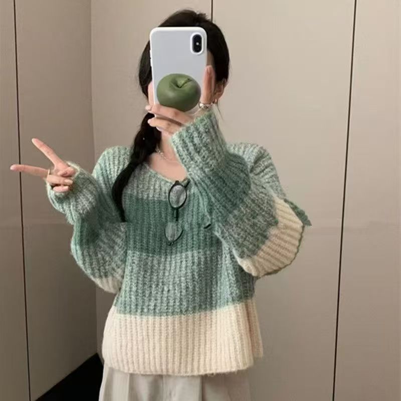 Women's Korean Style Gentle Gradient Striped Thick Needle Loose Sweaters
