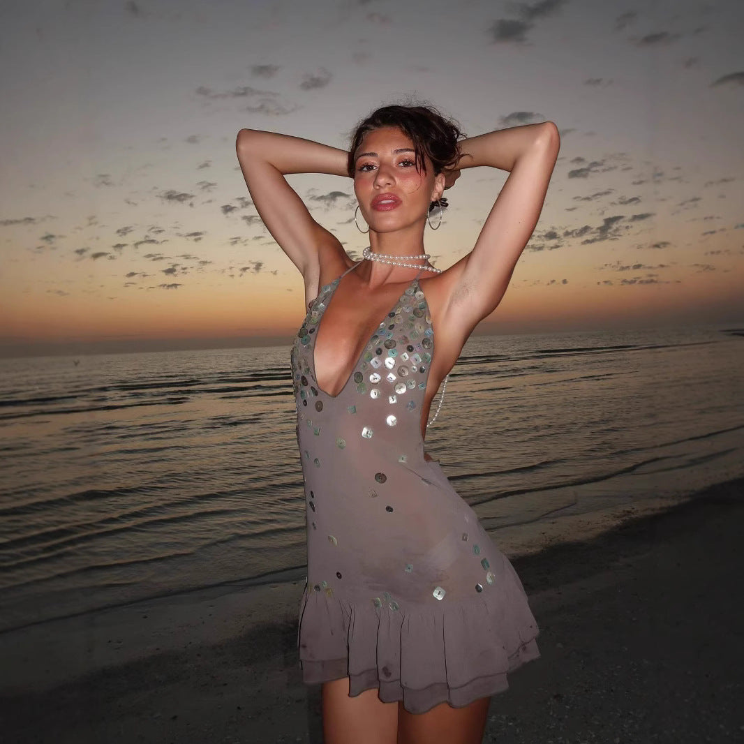 Women's Summer Sexy Halter Backless Sequins Lotus Dresses