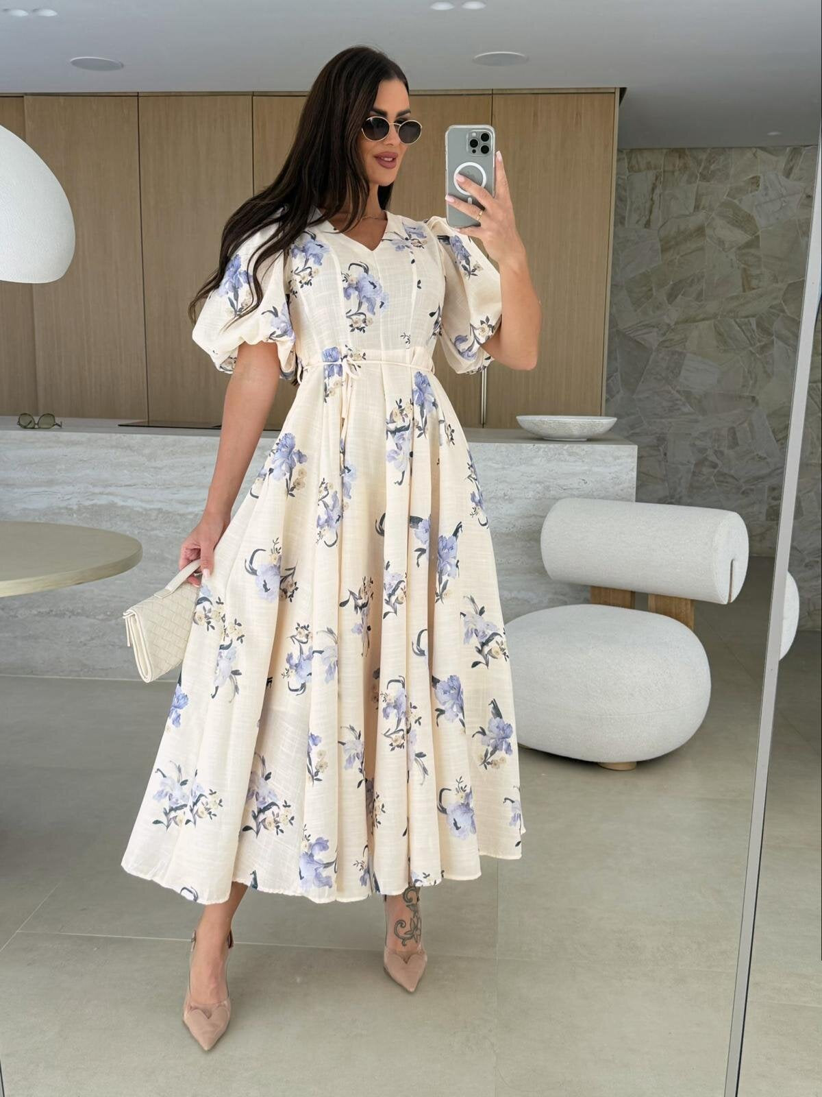 Women's Sleeve Printed Lace Up Large Swing Dresses