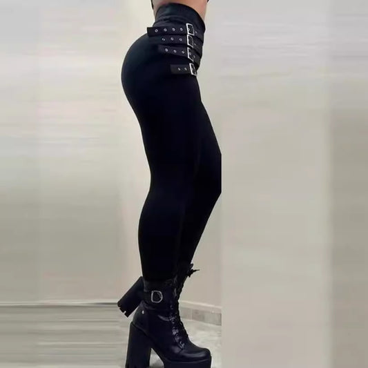 Women's Waist Buckle Tights Pencil Slim Fit Pants