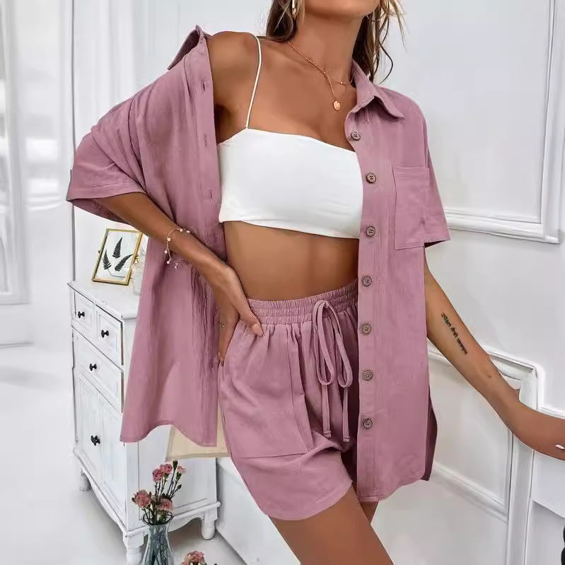 Women's Two-piece Solid Color Shirt Outfit Casual Loose Clothing