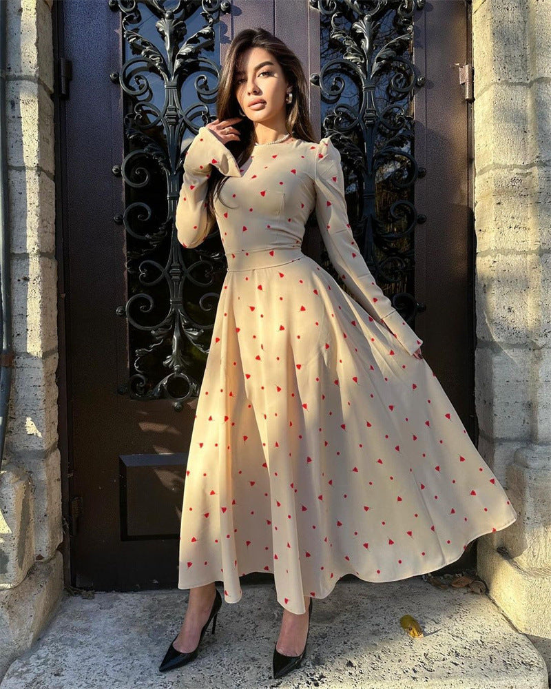 Women's Temperament Printed Long Sleeve High Waist Dresses