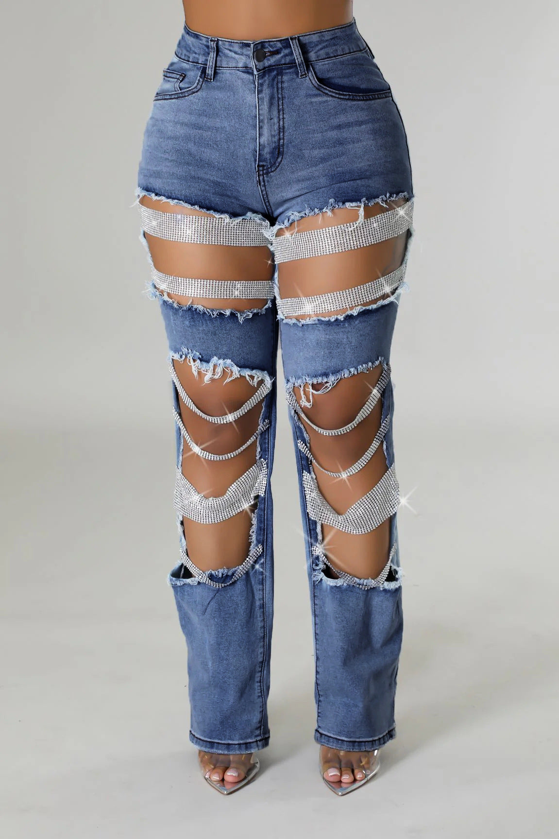 Women's Ripped Cool Beaded High Waist Stretch Denim Jeans