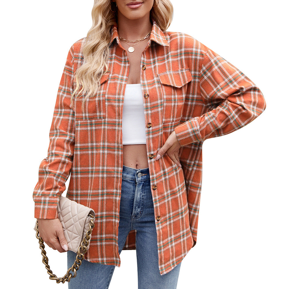 Women's Casual Fashion Loose Plaid Pocket Shirt Blouses