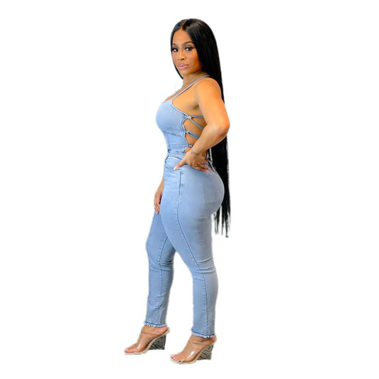 Fashion Halter Backless Bandage Sexy Denim Jumpsuits