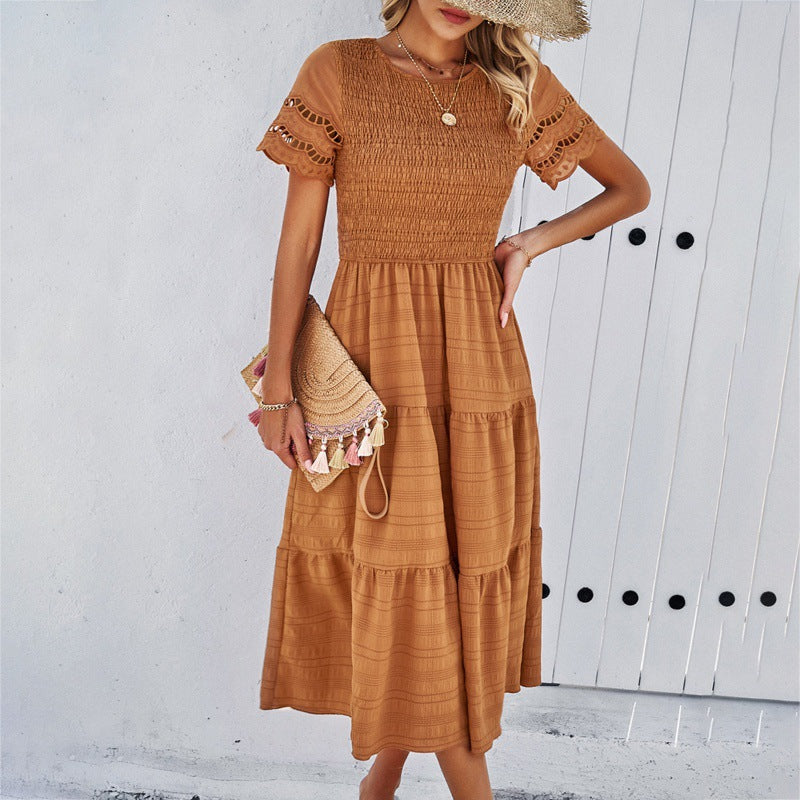 Women's Temperament Pure Color Sleeve Hollow Dress Dresses