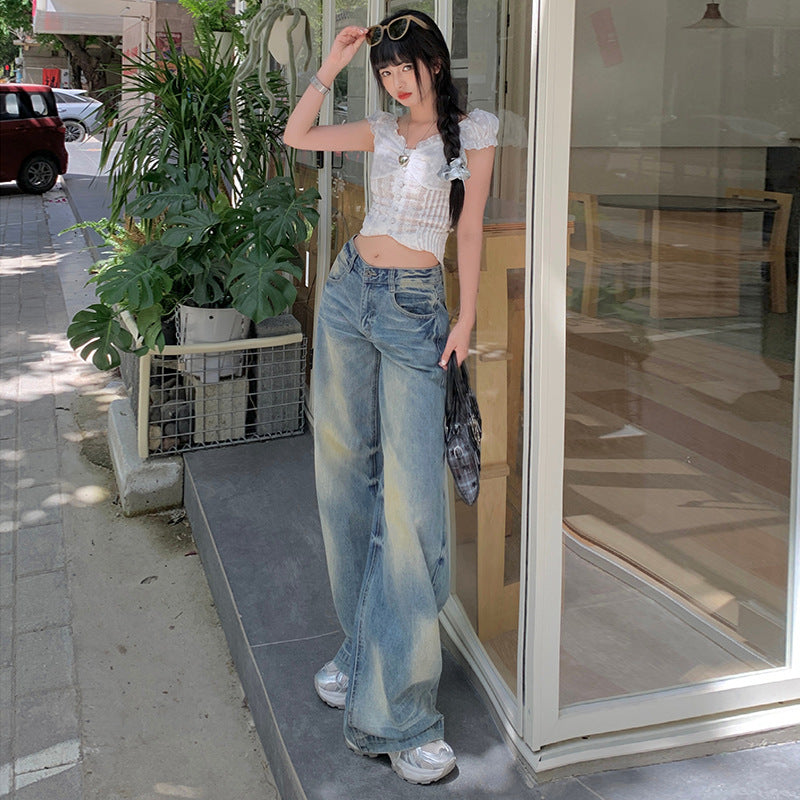 American Style Nostalgic Yellow Washed Straight Jeans