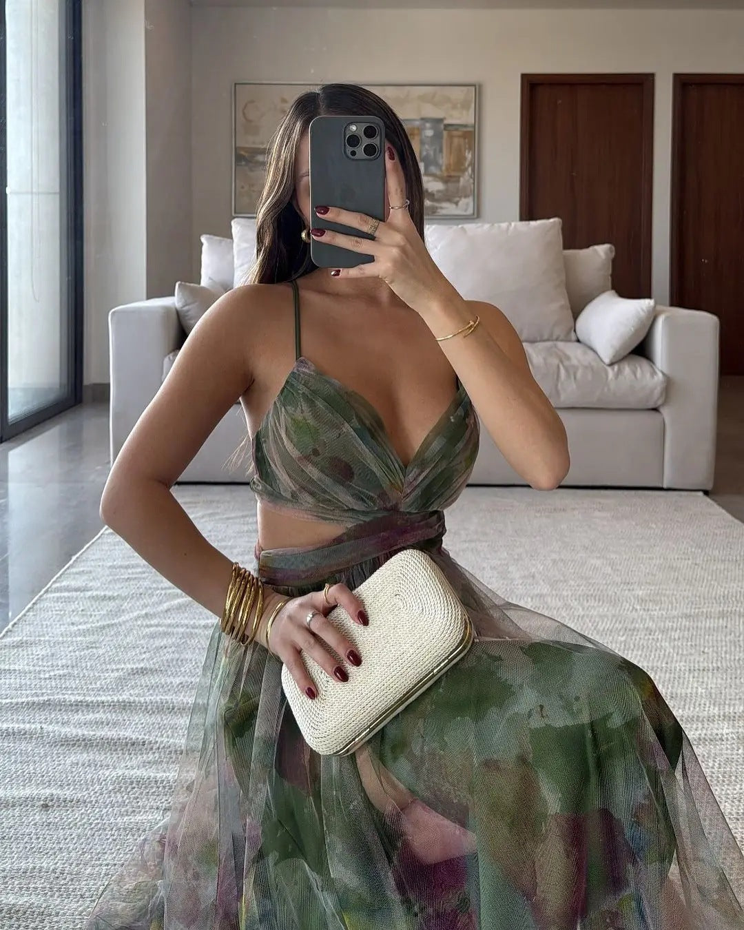 Mesh Printing Slip Dress Vacation Leisure Dresses