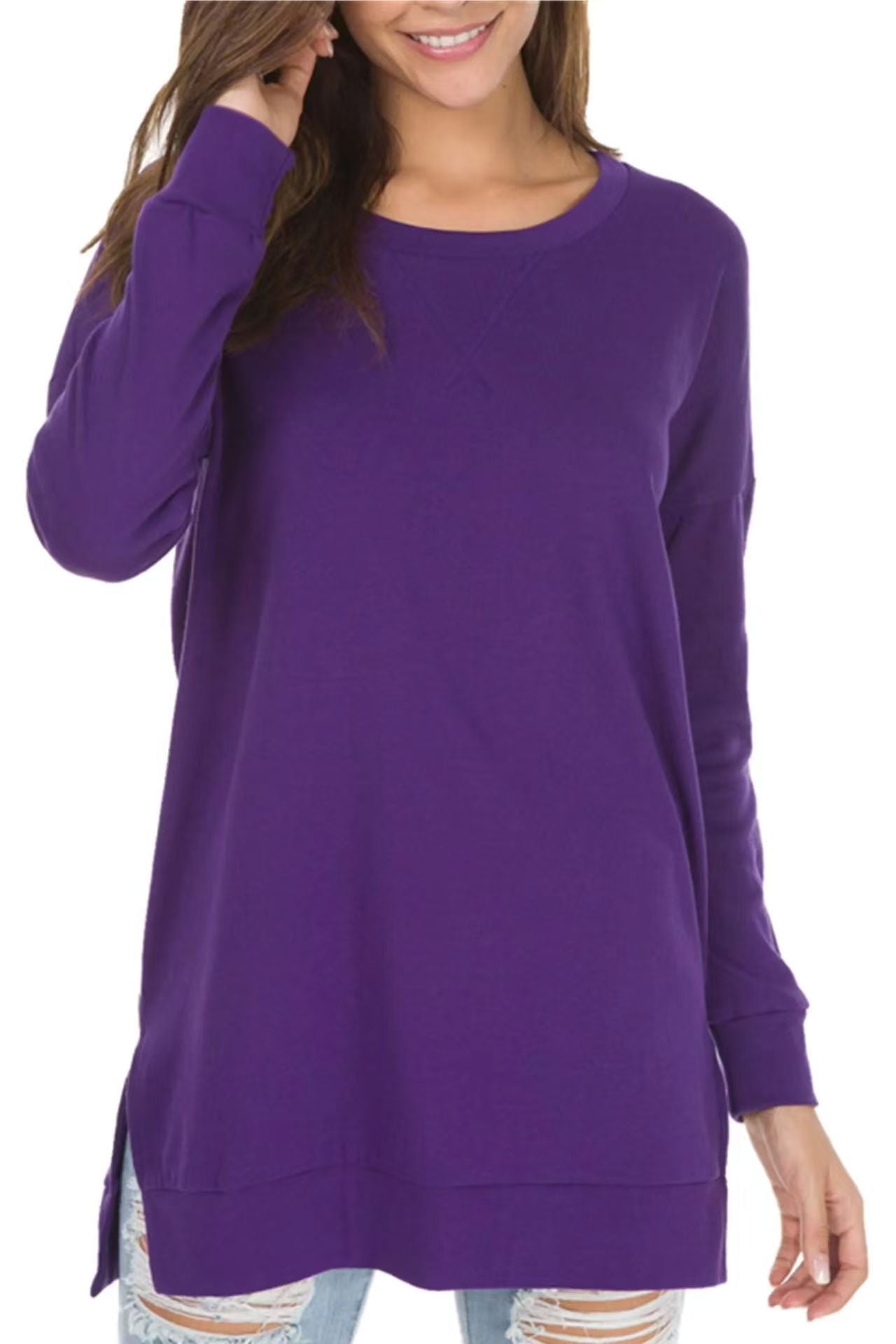 Women's Popular Slit Loose Round Neck Long Blouses