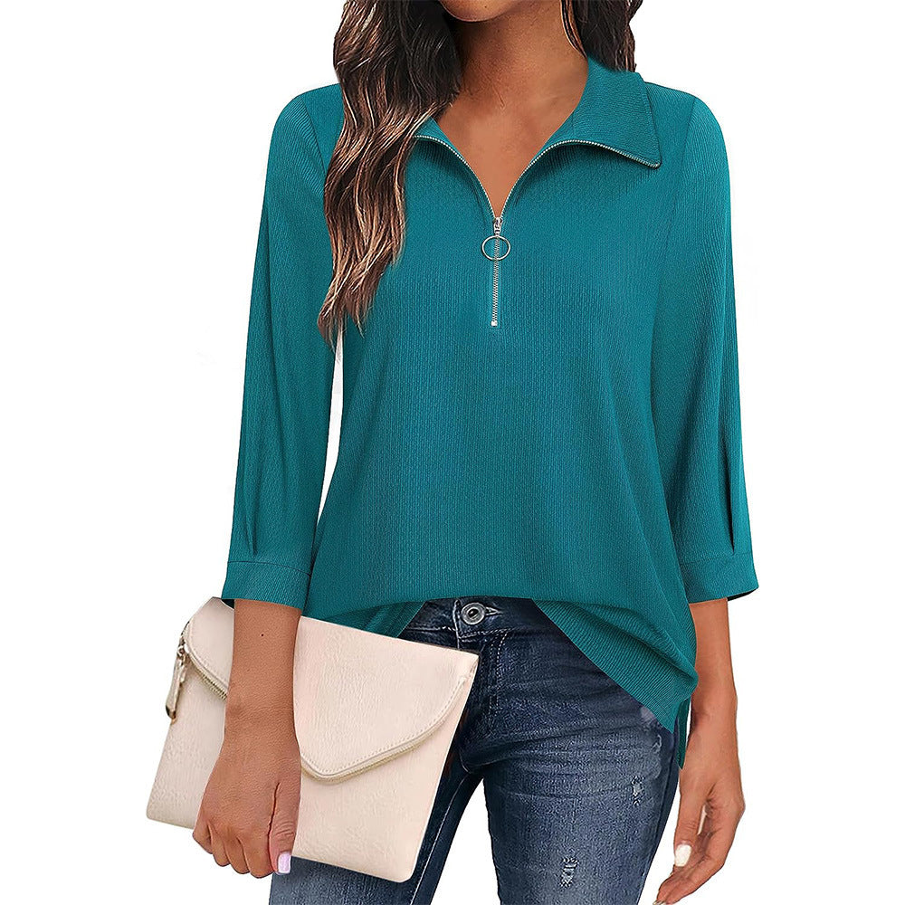 Women's Cool Three-quarter Sleeve Zipper T-shirt Blouses
