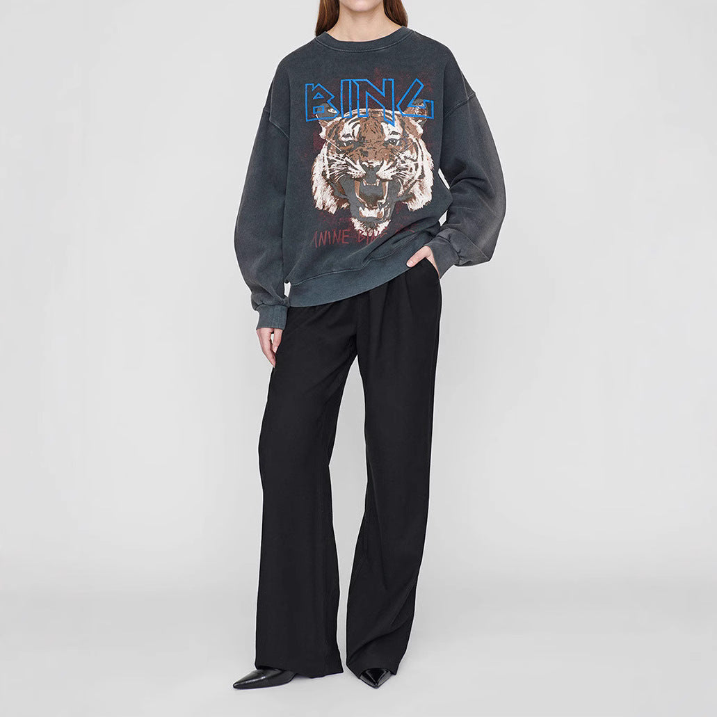Women's Niche Tiger Head Chalk Digital Printing Washed Fried Sweaters