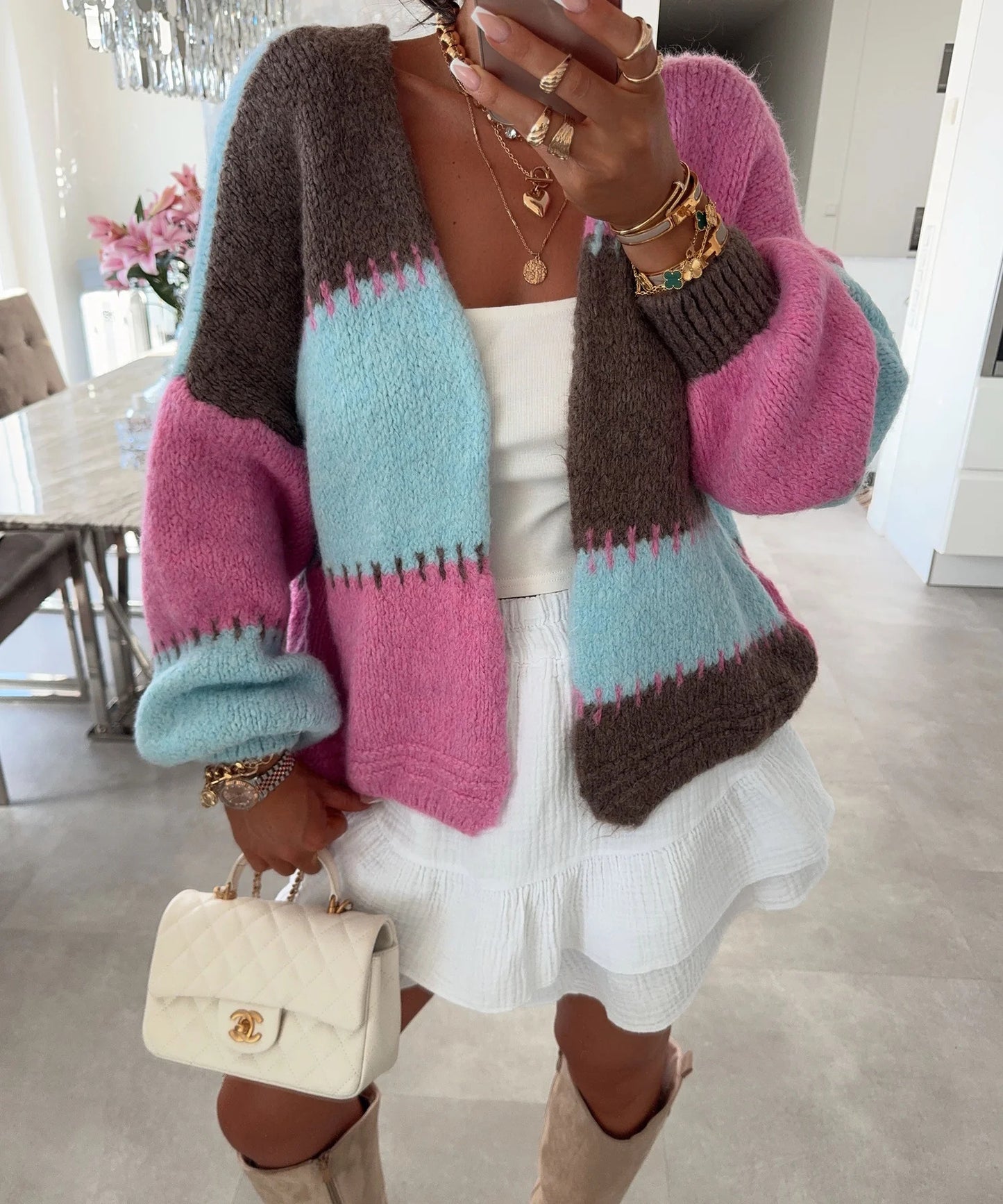 Women's Color Plaid Stitching Contrast Gold Thread Coats